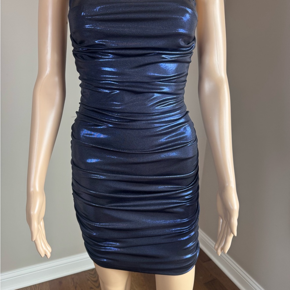 AKIRA Metallic Navy Ruched Bodycon Mini Dress Open Back Clubwear NWT - Picture 5 of 8